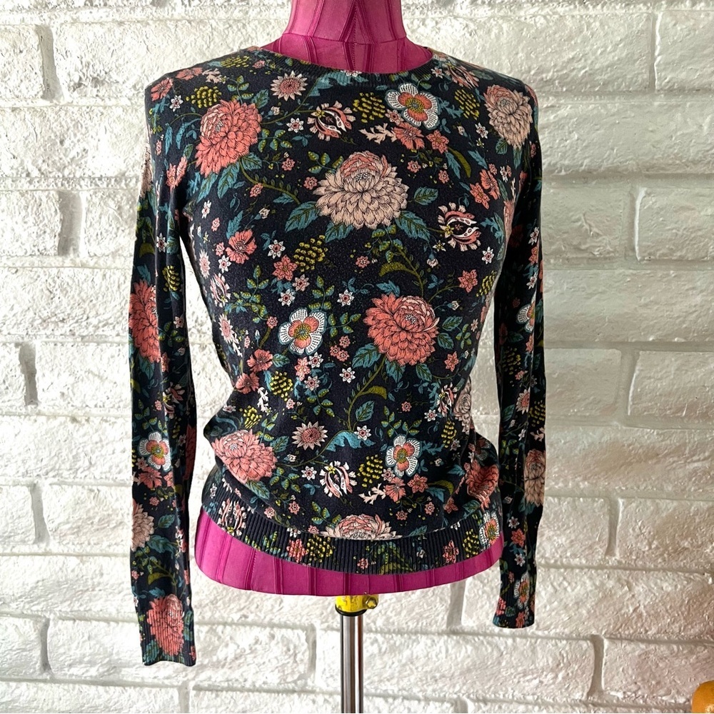 LOFT Black Floral Crewneck Sweater with Pink and Green Accents
